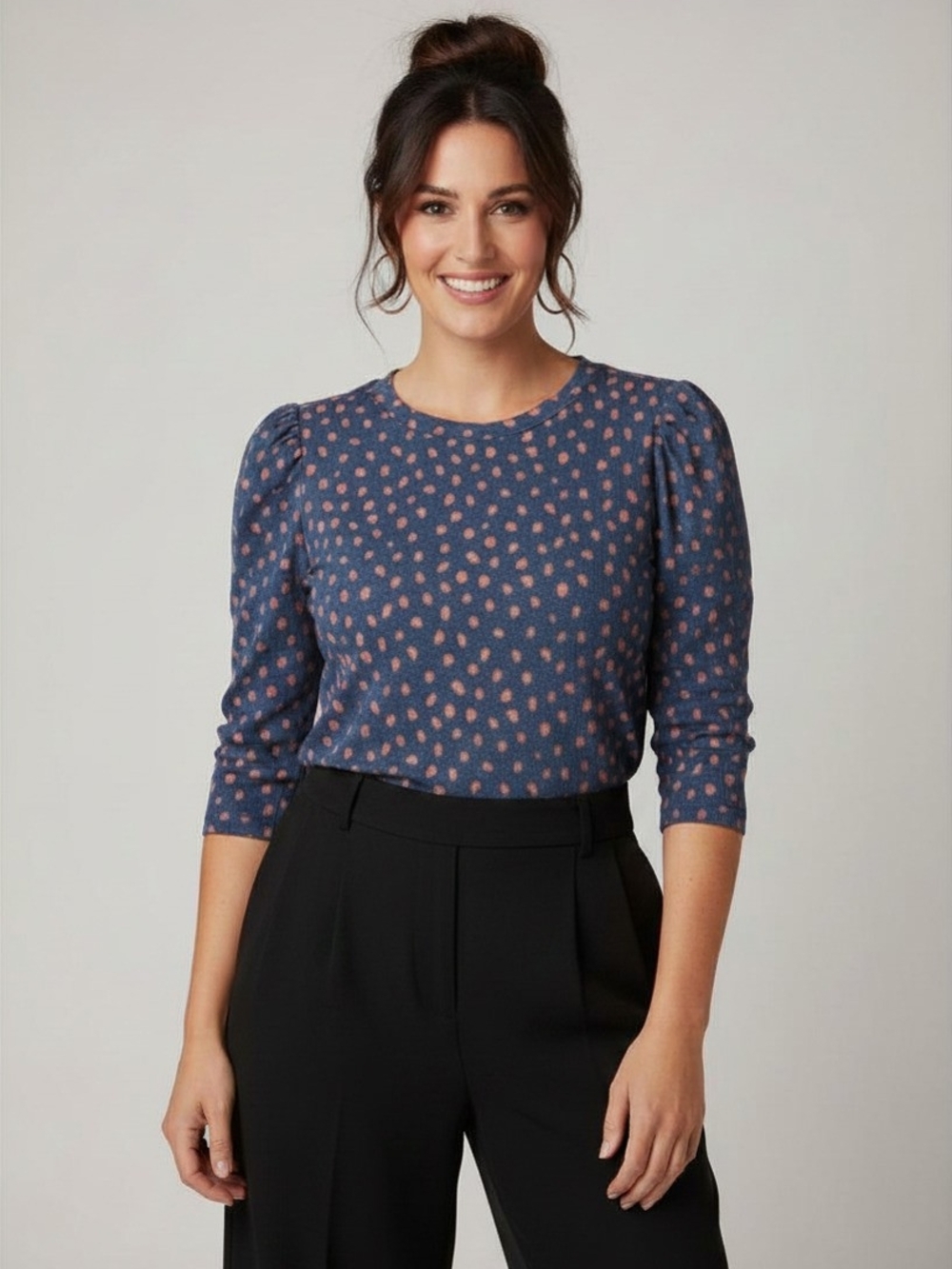 Lucky Brand Navy Blue Top with Pink Dot Print and Puff Shoulders